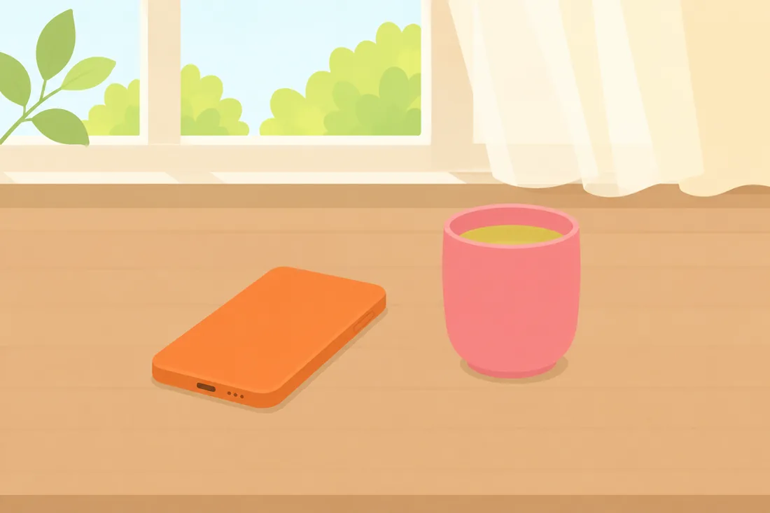 明るい窓辺の机に、スマートフォンと湯呑みが置かれているイラスト